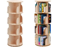 Roterende boekenkast, staand rek, 360 graden, opbergrek voor kinderen en volwassenen, multifunctioneel boekenrek van massief hout (4 planken)