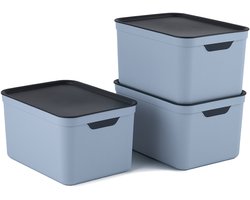 Rotho Jive opbergboxen set van 3 Opbergdozen 16 L met Deksel, Kunststof (PP Gerecycled), blauw/Antraciet, 3 x 16 L (37,5 x 27,8 x 29,8 cm)