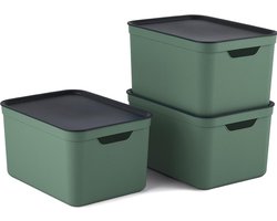 Rotho Jive opbergboxen set van 3 opbergdozen 16 l met deksel, kunststof (PP gerecycled), groen/antraciet, 3x16 (35 x 25 x 20 cm)