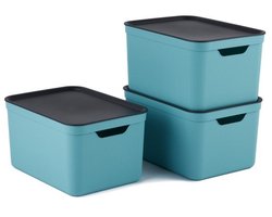 Rotho Jive opbergboxen set van 3 opbergdozen 16 l met deksel, kunststof (PP gerecycled), turquoise/antraciet, 3x16 (35 x 25 x 20 cm)