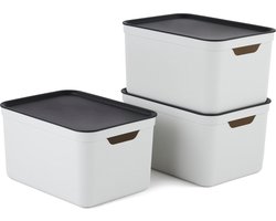Rotho Jive opbergboxen set van 3 Opbergdozen 16 L met Deksel, Kunststof (PP Gerecycled), Wit/Antraciet, 3 x 16 L (37,5 x 27,8 x 29,8 cm)