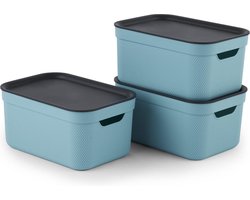 Rotho Jive opbergboxen set van 3 opbergdozen 5 l met deksel, kunststof (PP recycled), turquoise/antraciet, 3x5l (26,5 x 18,5 x 20,0 cm)