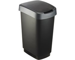 Rotho Twist afvalbak met swingdesksel 25L - zwart/zilver - BPA-vrij -incl 6 sticker voor diverse afvalstromen