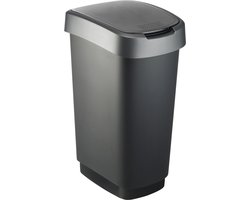 Rotho Twist afvalbak met swingdesksel 50L - zwart/zilver - BPA-vrij - incl 6 sticker voor diverse afvalstromen