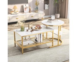 Round Coffee Table with Marble Grain Tabletop, Nesting Coffee Table, Set of 2, Accent Furniture with Metal Frame, Side Table for Living Room, Bedroom, Balcony(Gold-1)