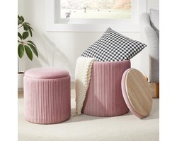 Round Ottoman with Storage Set of 2, Vanity Stool with Storage for Bedroom, Ottoman Coffee Table, Small Velvet Footstool Ottoman for Living Room, Pink