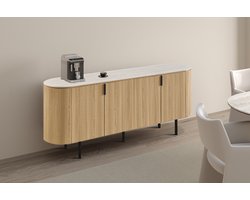 Rousseau Vigo Dressoir – 200 cm – Naturel Eikenlook – Stenen Blad met Grijze Marmerlook – Afgerond Retro Design