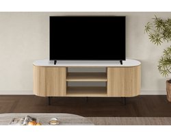Rousseau Vigo TV-meubel – 160 cm – Naturel Eikenlook met Grijs Travertinlook Blad – Afgerond Retro Design