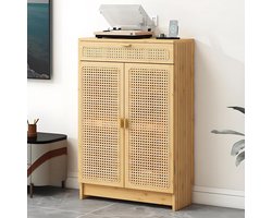 Router Opbergkast - Mediameubel Bamboe - Kabelbeheer Thuis - Ademende Rotan Deuren - 70 x 25 x 91cm - Geel