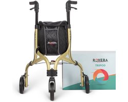 Rovera® Binnen Rollator – Ultra Lichtgewicht en Opvouwbaar – Tripod Design- Drie Wielen - Incl. Dienblad en Luxe Rollatortas – Champagne