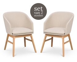 Rowico Home Windham Eetkamerstoel Beige - Naturel Eiken Onderstel - Met Armleuning - Stof - Houten Poten - Set van 2 Eetkamerstoelen