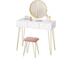 Roxana® Kaptafel - Spiegel En Kruk Inbegrepen - 3 Lades - Make-Up Tafel - Modern - Fluweel - MDF - Wit - Goud - Roze - 100x40x79 Cm