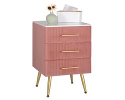 Roxana® Nachtkastje - Roze - Goud - Fluweel - 3 Lades - Slaapkamer - 40.5 x 41 x 62 Cm - MDF, Metaal, Velvet En Hout - Gewichtsvermogen 80 Kg