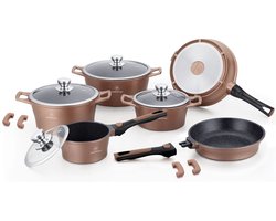 Royal Pannenset - 14-delig - Glazen deksel - Inductie - Marmeren coating - Afneembare handgrepen - PFAS-vrij - Brons - Koper - CES2014M