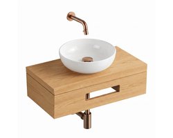 Royal Plaza Terra Fonteinplank - 40x25x10cm - met handdoekhouder - waskom wit glans - fonteinkraan koper - afvoerplug - sifon - sandwood (licht eiken)