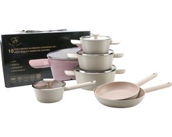 Royal Swiss® 10-delige Forged Aluminium Pannenset – Crème – Luxe Marmeren Antiaanbaklaag – Geschikt voor Inductie, Gas, Keramisch & Elektrisch – Inclusief Glazen Deksel
