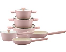 Royal Swiss® 10-delige Forged Aluminium Pannenset – Roze – Luxe Marmeren Antiaanbaklaag – Geschikt voor Inductie, Gas, Keramisch & Elektrisch – Inclusief Glazen Deksel