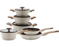 Royal Swiss® 10-delige pannenset – Met Afneembare Handgrepen – Inductie Geschikt – Marmer Anti-aanbaklaag – PFAS-vrij – Beige