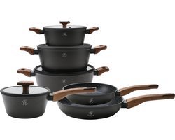 Royal Swiss® 10-delige pannenset – Met Afneembare Handgrepen – Inductie Geschikt – Marmer Anti-aanbaklaag – PFAS-vrij – Zwart