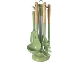 Royal Swiss - 7-Delige Keukengerei Set met Houten Handvat en Standaard - Hittebestendig - BPA-Vrij & Plastic Vrij - Avocadogroen