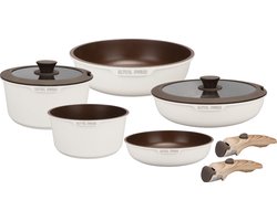 Royal Swiss® – 9-delige Pannenset met Afneembare Handgreep & Deksel – Geschikt voor Inductie & Alle Warmtebronnen – Ruimtebesparend, PFOA & PFAS-vrij – Beige Kookpannenset