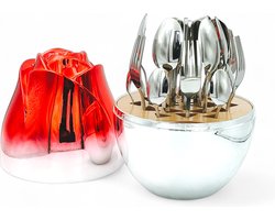 Royal Swiss® Bestekset - 24-Delige Glanzend Chromen Eier-vormig Bestekset - 6 persoons - Zilverwit Edelstaal 18/10 - RVS - Zilver/Rood - Cadeauset