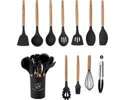 Royal Swiss® keukengerei set 12-delige Met Houder – Hittebestendig tot 210°C – Zacht Handvat – Zwart