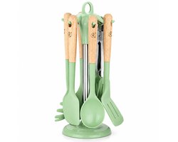 Royal Swiss® – Keukengerei Set 7 Delig – Siliconen Keukengerei met Houten Handvat – Keukenhulpen met Houder – Hittebestendig tot 220°C – Groen