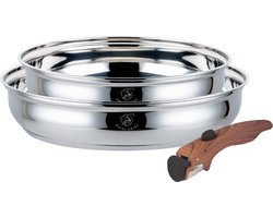 Royal Swiss® Koekenpan Set RVS – 3 Delig – Afneembare Handgreep – 24 & 28 cm – Inductie Geschikt