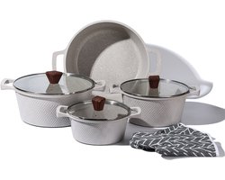 Royal Swiss® Pannenset 10-delige – Inductie – marmeren antiaanbaklaag – Beige –Inclusief Glazen Deksel en Ovenhandschoenen