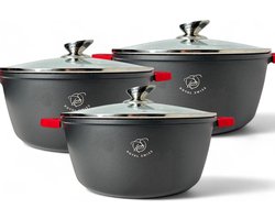 Royal Swiss® Pannenset 3-Delig – Casserole Set 28/32/36 cm – Antiaanbak Marmer Coating – Inductie, Gas, Keramisch & Elektrisch – Met Glazen Deksel