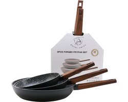 Royal Swiss® Pannenset 3-delig – Marmer Coating – Sterke Antiaanbaklaag – Geschikt voor Inductie, Gas & Alle Warmtebronnen – Gezond & Vetvrij Koken – Zwart