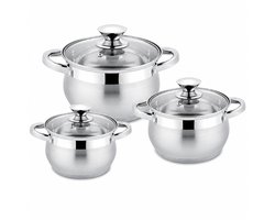 Royal Swiss® Pannenset – 6-delig – kookpotten inductie – RVS – Kookpannen met Glazen Deksel – Ø18,20,24 cm