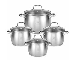 Royal Swiss® Pannenset 8-delig RVS – Inductie, Gas & Elektrisch – Kookpannen Set 16/20/24/28 cm – Met Glazen Deksels – Energiezuinig