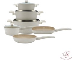 Royal Swiss Pannenset ® - Forged Pannenset - 10 delig - Met glazen deksels- Alle warmtebronnen - Antiaanbaklaag - PFAS-vrij - Marmeren coating - Inductie - Beige