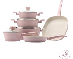 Royal Swiss Pannenset ® - Forged Pannenset - 10 delig - Met glazen deksels- Alle warmtebronnen - Antiaanbaklaag - PFAS-vrij - Marmeren coating - Inductie - Roze