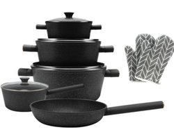Royal Swiss Pannenset ® - Forged Pannenset - 11 delig - Met glazen deksels - Alle warmtebronnen - Antiaanbaklaag - PFAS-vrij - Marmeren coating - Inductie - Met keukenhandschoenen - Zwart
