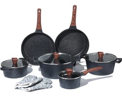 Royal Swiss® – Pannenset – Inductie – 12-delig – Aluminium – IPFAS Vrij – Kookpotten,Koekenpannen,Glazen Deksels & Handschoenen – Zwarte
