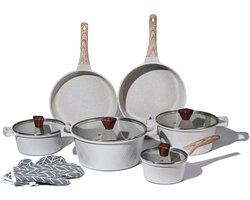 Royal Swiss®–Pannenset Inductie–12-delig–Aluminium Pannensets–PFAS Vrij–Kookpotten,Koekenpannen,Glazen Deksels & Handschoenen–Beige