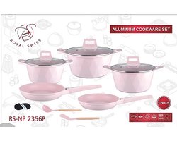 Royal Swiss Pannenset ® NP 2356 - Forged Pannenset - 12 delig - Met glazen deksels - Alle warmtebronnen - Antiaanbaklaag - PFAS-vrij - Marmeren coating - Inductie - Met siliconen keukenlepels en handvatten - Roze