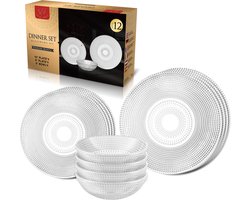 Royal Swiss Serviesset 12-delige – Glazen Dinerset – Transparant Servies – 4x Bord 10” + 4x Bord 8” + 4x Kom 6” – Vaatwasserbestendig – Niet geschikt voor Magnetron/Oven