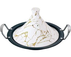 Royal Swiss® Tajine 34 cm – tajine inductie – Marokkaanse Stoofpot – RVS – Keramische Deksel – Wit & Goud