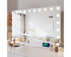 Royals Hollywood Spiegel 100x70CM - 20x Led Lampen - USB + USB-C Oplaadpoort - 10x Vergroting - 3 lichtstanden - Dimbaar - Smart Touch - hollywood spiegel met verlichting - Spiegel met verlichting - Make Up Spiegel - Visagie