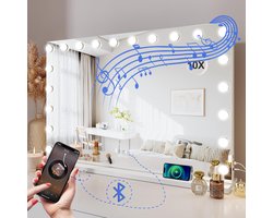 Royals Hollywood Spiegel 100x70CM - Bluetooth Speakers - 20x Led Lampen - USB + USB-C Oplaadpoort - 10x vergroting - 3 lichtstanden - Dimbaar - Smart Touch - Hollywood spiegel met verlichting - Spiegel met verlichting - Make Up Spiegel - Visagie