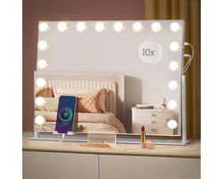 Royals Hollywood Spiegel 58x43CM - 360° Rotatie - 15x Led Lampen - USB + USB-C Oplaadpoort - 10x Vergroting - 3 lichtstanden - Dimbaar - Smart Touch - hollywood spiegel met verlichting - Spiegel met verlichting - Make Up Spiegel - Visagie spiegel