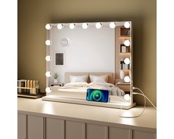 Royals Hollywood Spiegel 58x46CM - 15x Led Lampen - USB + USB-C Oplaadpoort - 10x Vergroting - 3 lichtstanden - Dimbaar - Smart Touch - hollywood spiegel met verlichting - Spiegel met verlichting - Make Up Spiegel - Visagie spiegel