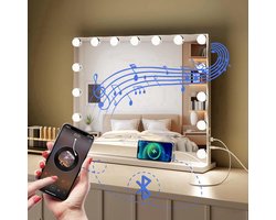 Royals Hollywood Spiegel 58x46CM - Bluetooth Speakers - 15x Led Lampen - USB + USB-C Oplaadpoort - 10x vergroting - 3 Dimbare lichtstanden - Hollywood spiegel met verlichting - Spiegel met verlichting - Make Up Spiegel - Visagie spiegel - sinterklaas