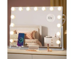 Royals Hollywood Spiegel 63x46CM - 360° Rotatie - 15x Led Lampen - USB + USB-C Oplaadpoort - 10x Vergroting - 3 lichtstanden - Dimbaar - Smart Touch - hollywood spiegel met verlichting - Spiegel met verlichting - Make Up Spiegel - Visagie spiegel