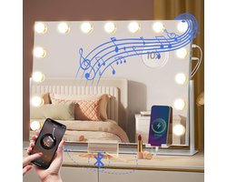 Royals Hollywood Spiegel 63x46CM - Bluetooth Speakers - 360° Rotatie - 15x Led Lampen - USB + USB-C Poort - 10x vergroting - 3 Dimbare lichtstanden - Hollywood spiegel met verlichting - Spiegel met verlichting - Make Up Spiegel - Visagie spiegel