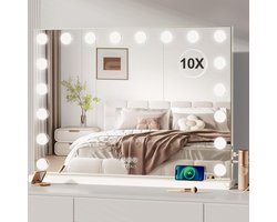 Royals Hollywood Spiegel 80x60CM - 18x Led Lampen - USB + USB-C Oplaadpoort - 10x Vergroting - 3 lichtstanden - Dimbaar - Smart Touch - hollywood spiegel met verlichting - Spiegel met verlichting - Make Up Spiegel - Visagie